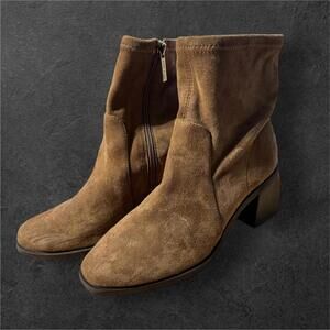 Brown suede ankle boots with block heel, size 6.5